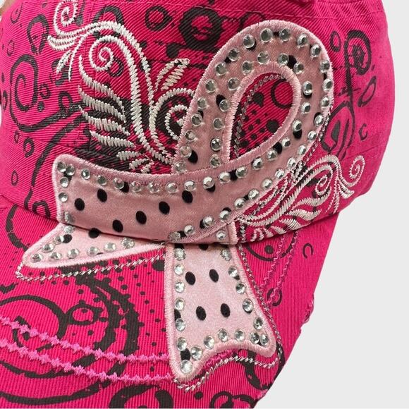 NWT Leader Rhinestone Pink Ribbon Cap Breast Cancer Awareness Bling Hat OSFM - Picture 3 of 11